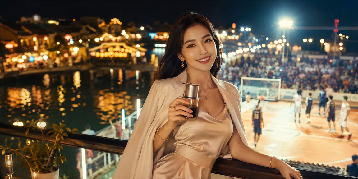 Người chơi đặt cược bóng rổ với nền cà phê Hội An đặc trưng